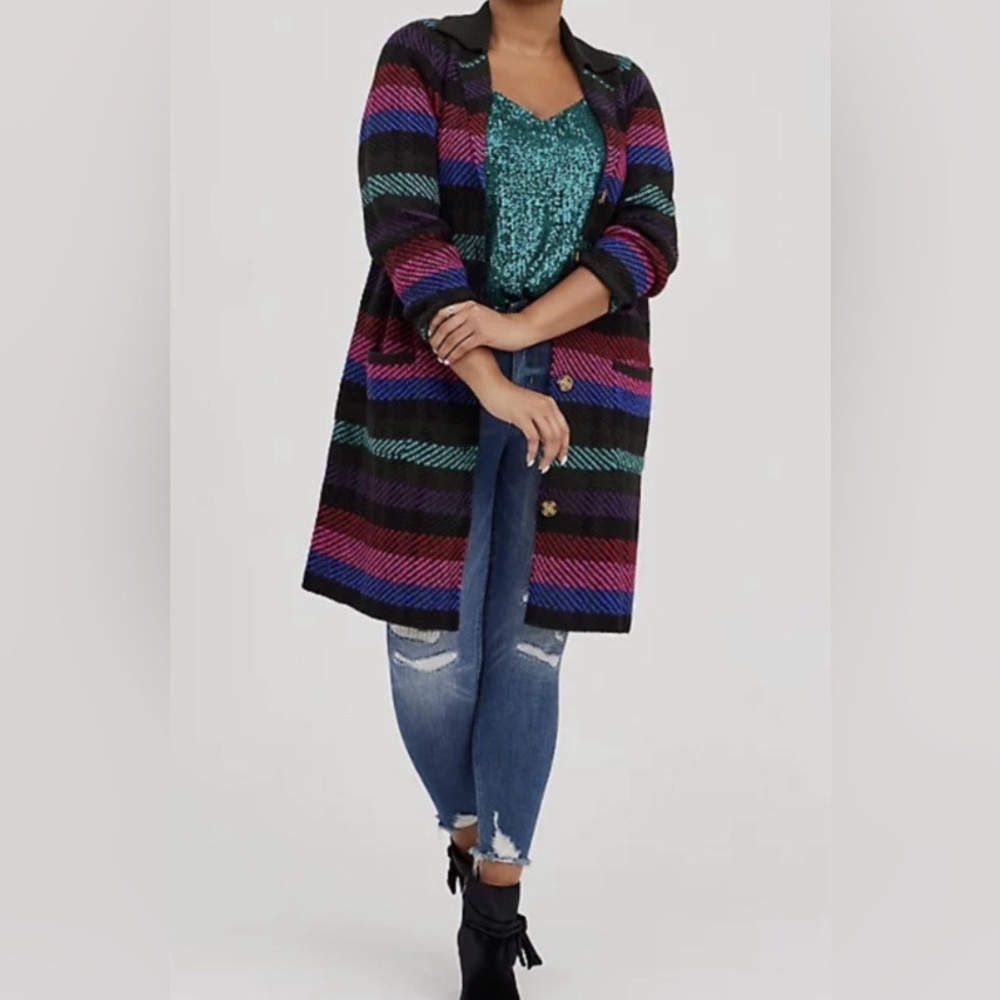 Torrid Women’s Plus 3 3X 22-24 Plaid Stripe Knit Notched Duster Cardigan Sweater